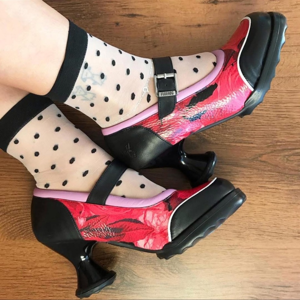 John Fluevog Black and Red Floral Mary Jane Heels with Pink Trim - Picture 2 of 9